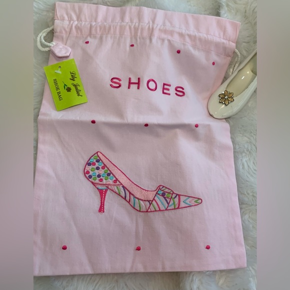 LILY JULIET ladies pink 100% cotton drawstring embroided Shoes bag NWT - Picture 1 of 11